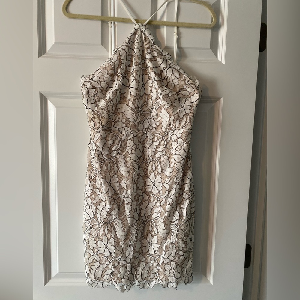 Lulus Delicate Darling Beige & Ivory Lace Bodycon Mini Dress